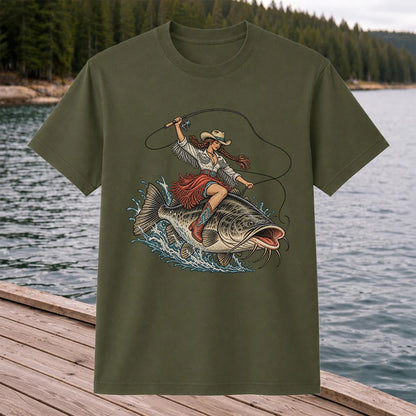 Cowgirl Riding a Largemouth Bass Fishing Graphic T-Shirt