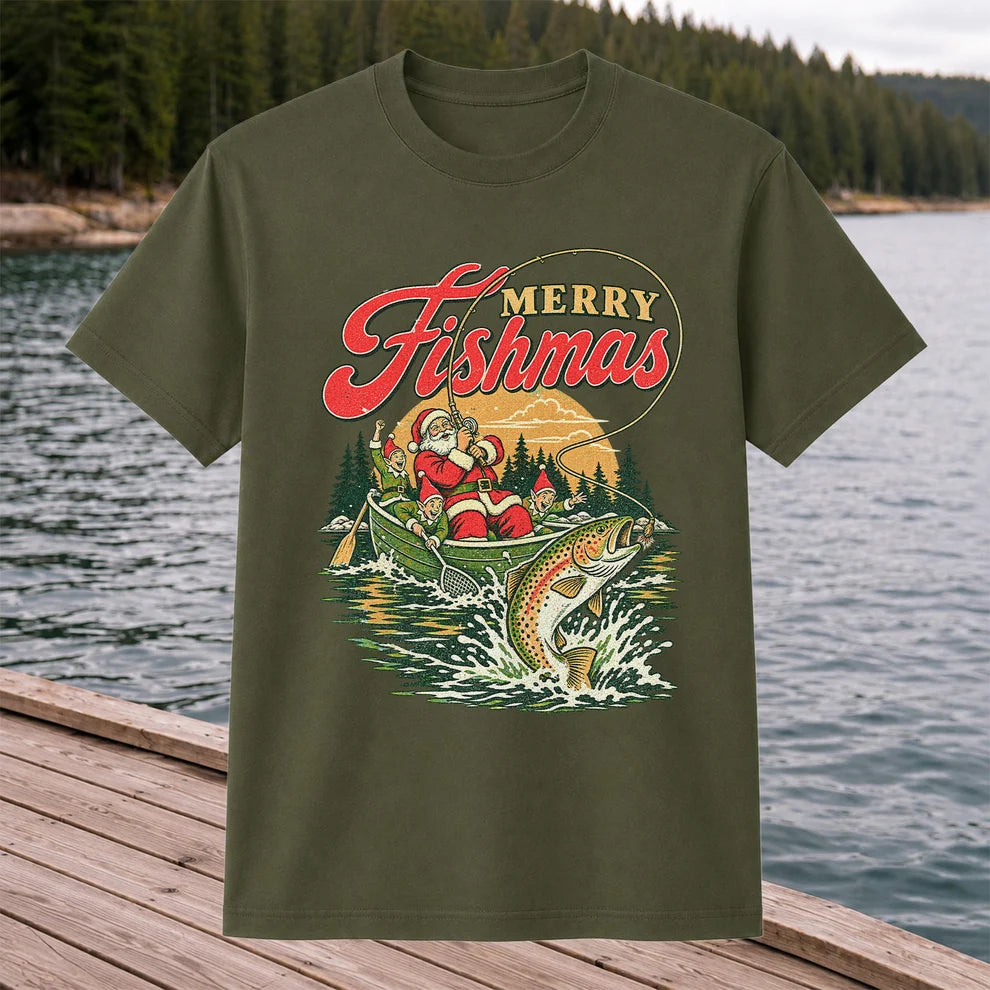 Merry Fishmas Santa and Elves Trout Fishing Christmas T-Shirt