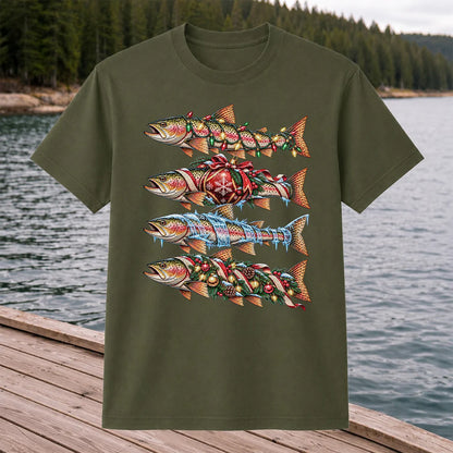 Christmas Rainbow Trout with Holiday Lights Fishing Graphic T-Shirt