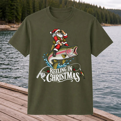 Reeling in Christmas Santa Rainbow Trout Fishing T-Shirt