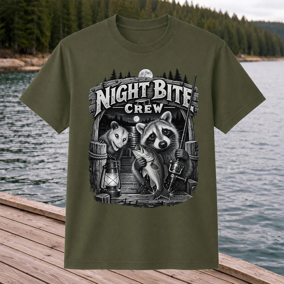 Night Bite Crew Raccoon and Bass Fishing Graphic T-Shirt
