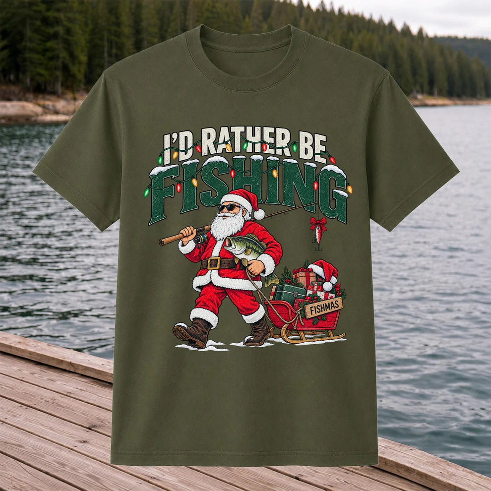 Santa Fishing with Bass Christmas Graphic T-Shirt