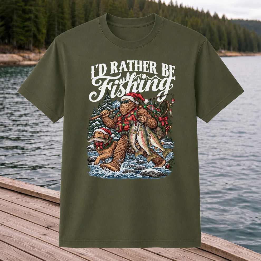 I'd Rather Be Fishing Bigfoot and Dog Christmas Fishing T-Shirt