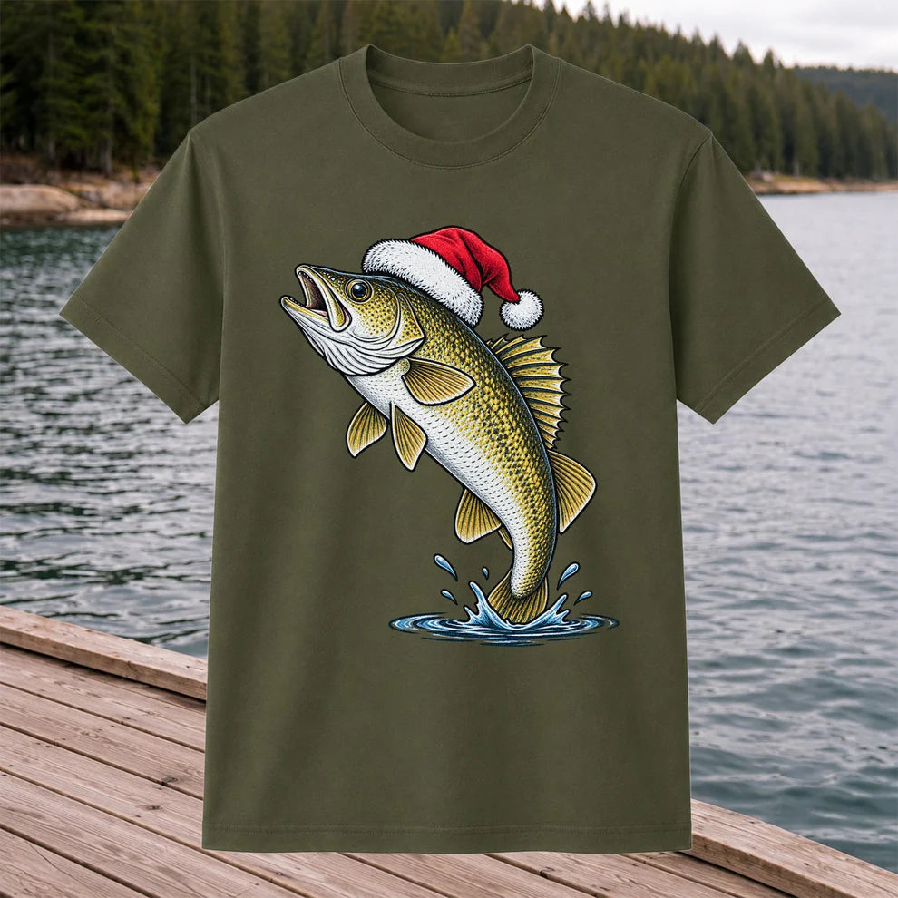 Santa Hat Walleye Christmas Fishing Graphic T-Shirt