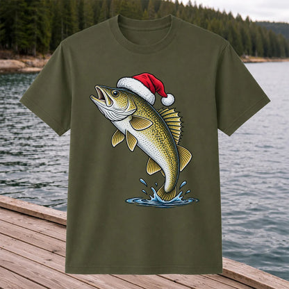 Santa Hat Walleye Christmas Fishing Graphic T-Shirt