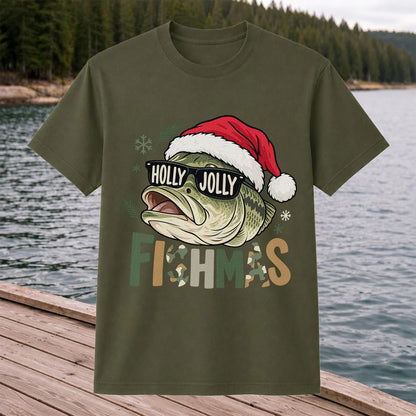 Bass Wearing Santa Hat and Holiday Glasses Fishing Graphic T-Shirt
