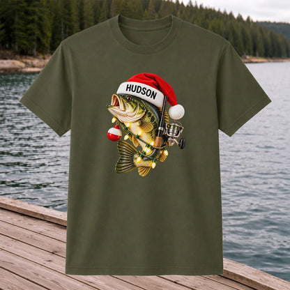 Hudson Santa Hat Bass Christmas Fishing Graphic T-Shirt