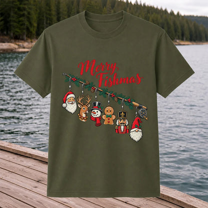 Christmas Fishing Rod Ornaments Holiday Graphic T-Shirt
