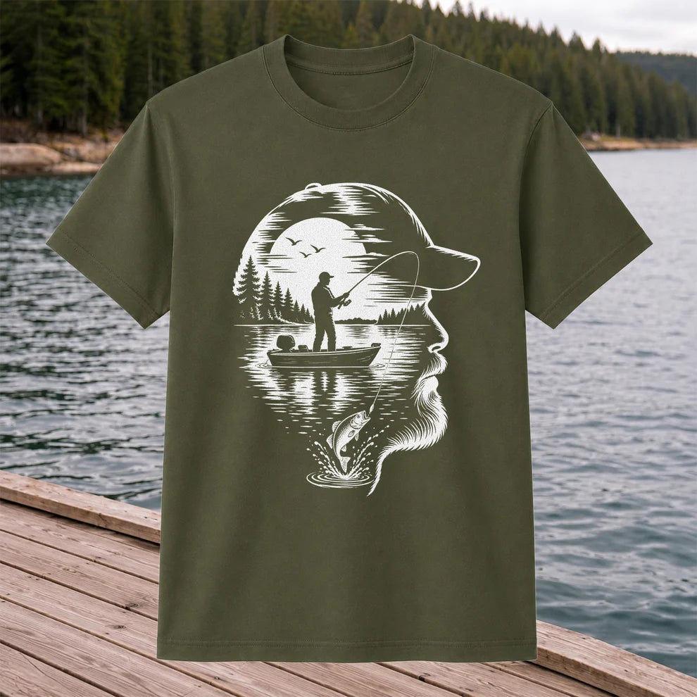 Bearded Angler Silhouette with Lake Fishing Scene Graphic T-Shirt
