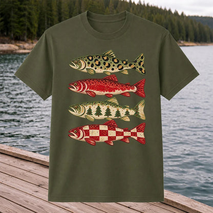 Four Seasonal Trout Patterns Christmas Fishing Graphic T-Shirt