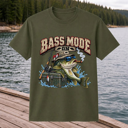 Bass Mode On Funny Bass with Cigar Fishing Graphic T-Shirt