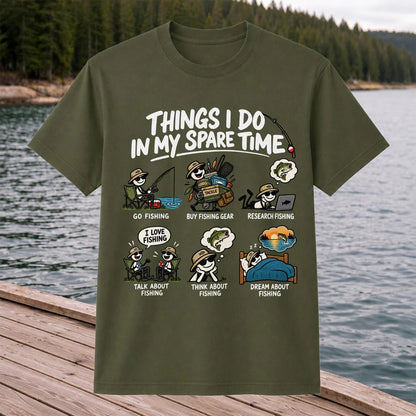 Things I Do in My Spare Time Funny Cartoon Angler Fishing T-Shirt