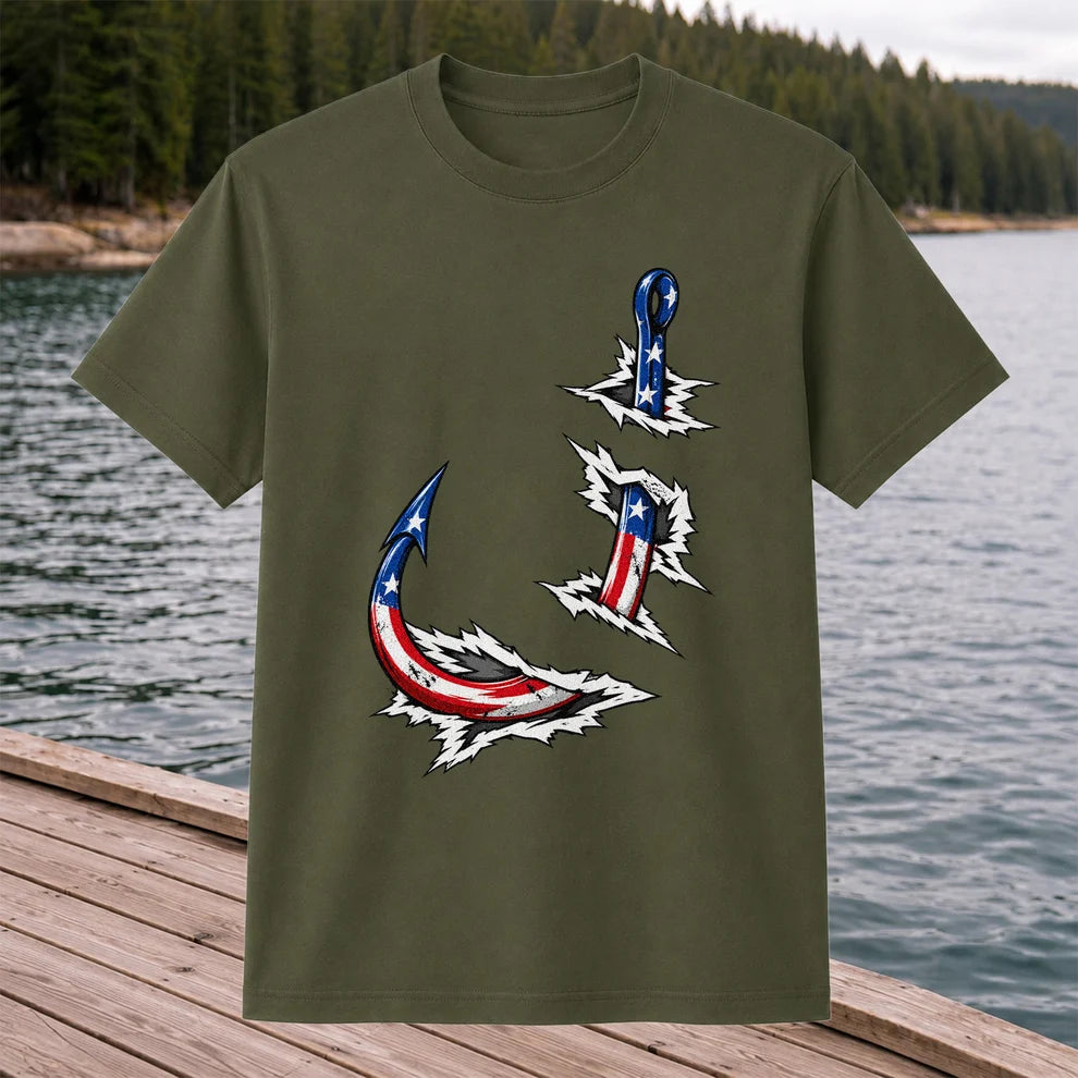 Patriotic American Flag Fishing Hooks Graphic T-Shirt
