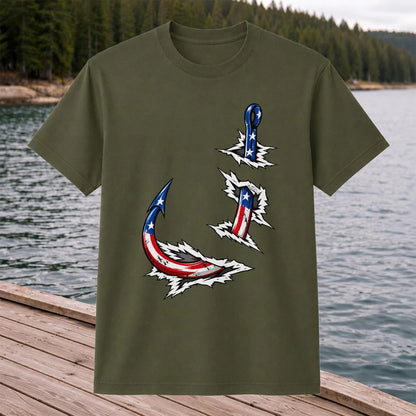Patriotic American Flag Fishing Hooks Graphic T-Shirt