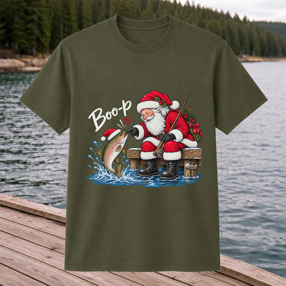 Santa Fishing for Rainbow Trout Christmas Graphic T-Shirt