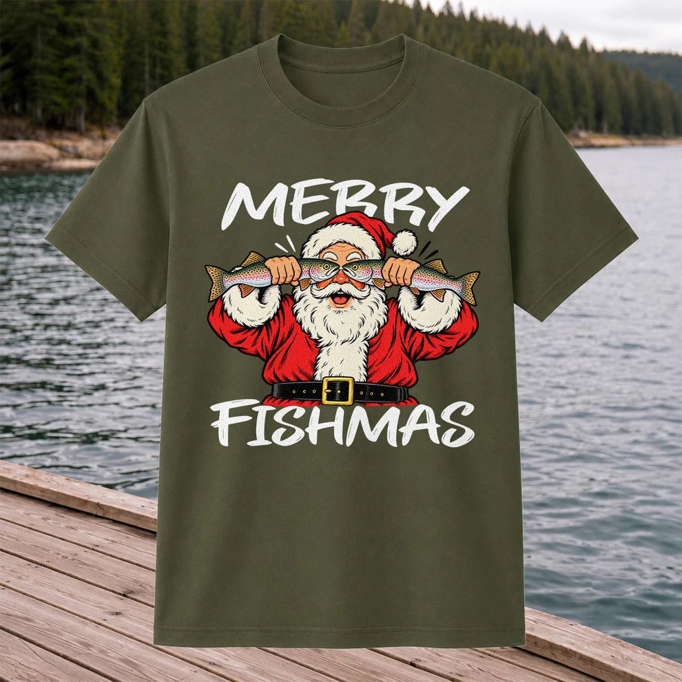 Merry Fishmas Santa Holding Rainbow Trout Christmas Fishing T-Shirt