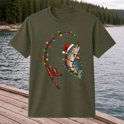 Christmas Rainbow Trout with Santa Hat and Lights Fishing T-Shirt