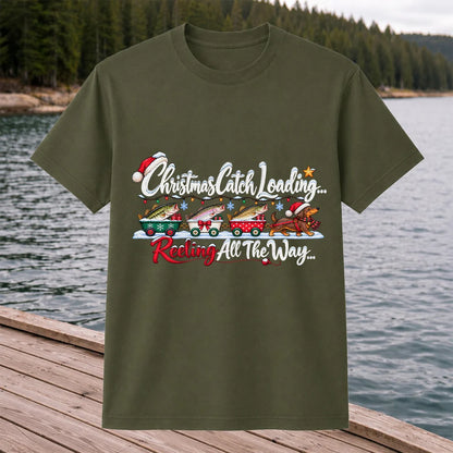 Christmas Fishing Train with Trout and Dog Graphic T-Shirt