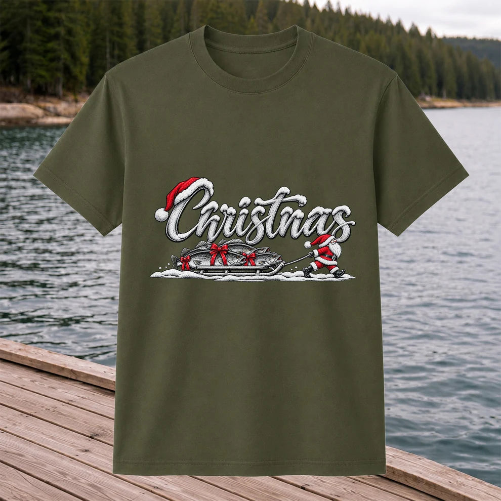 Christmas Santa Pulling Trout Fishing Sled Graphic T-Shirt