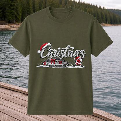 Christmas Santa Pulling Trout Fishing Sled Graphic T-Shirt