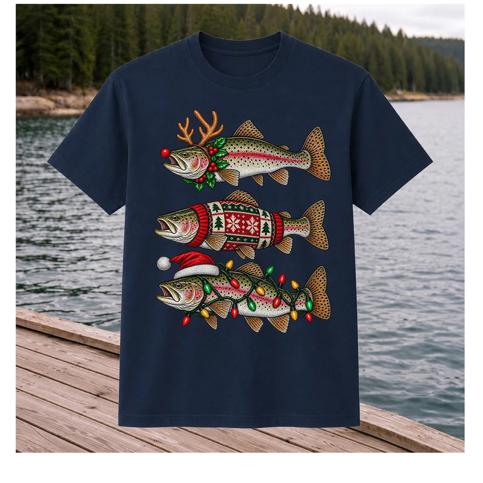 Christmas Trout Antlers Sweater and Lights Fishing T-Shirt