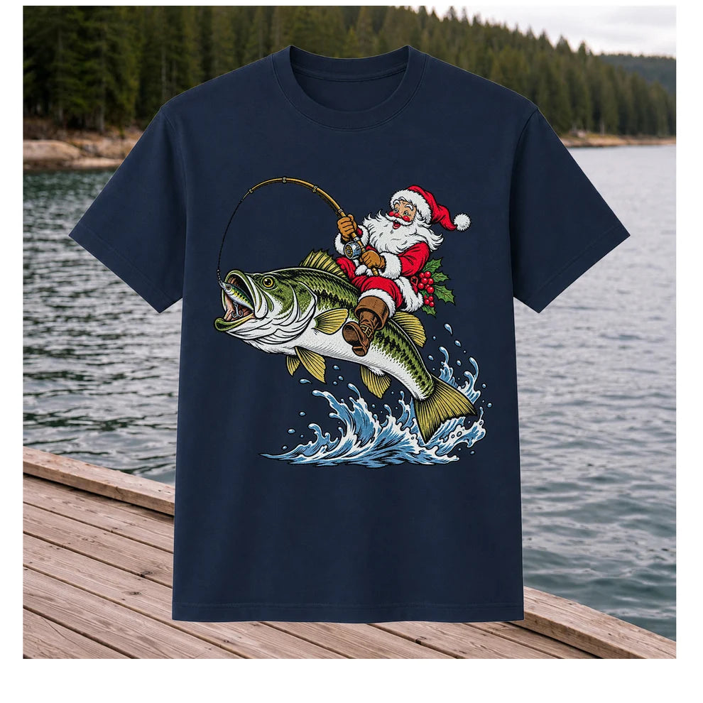 Santa Claus Riding a Bass Christmas Fishing Graphic T-Shirt