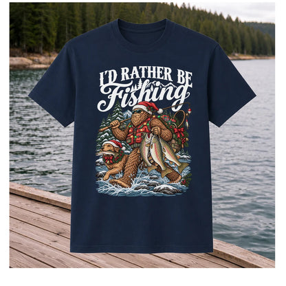 I'd Rather Be Fishing Bigfoot and Dog Christmas Fishing T-Shirt