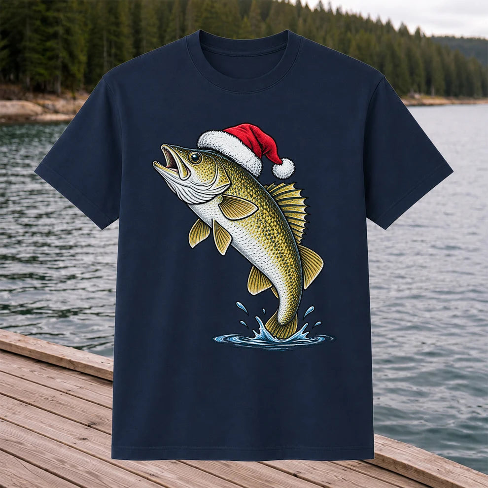 Santa Hat Walleye Christmas Fishing Graphic T-Shirt