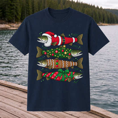 Christmas Trout Santa Tree and Gift Wrap Fishing T-Shirt