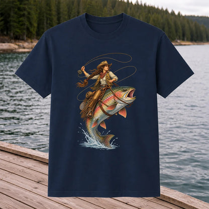 Western Cowgirl Riding a Rainbow Trout Fly Fishing Graphic T-Shirt