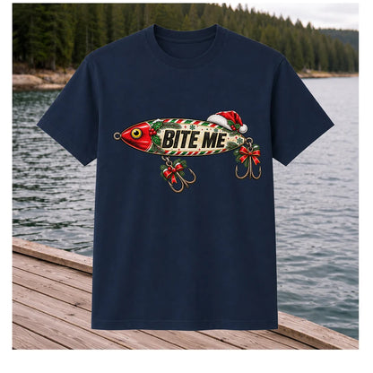 Bite Me Christmas Fishing Lure Funny Graphic T-Shirt