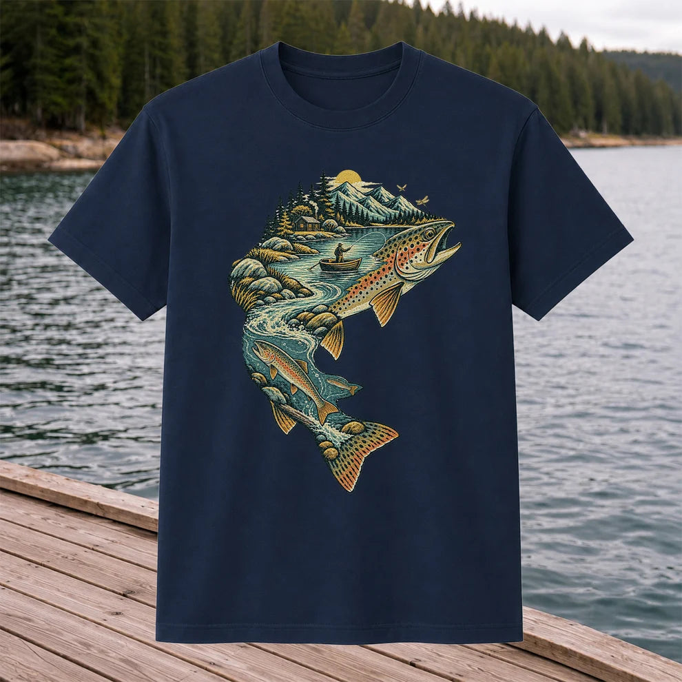 Vintage Brown Trout Mountain River Fly Fishing Graphic T-Shirt