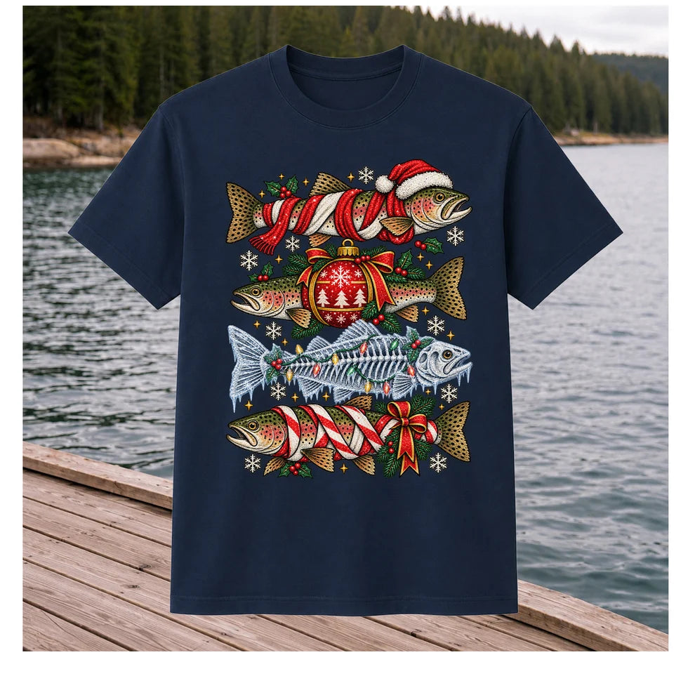 Christmas Rainbow Trout and Fish Skeleton Fishing Graphic T-Shirt