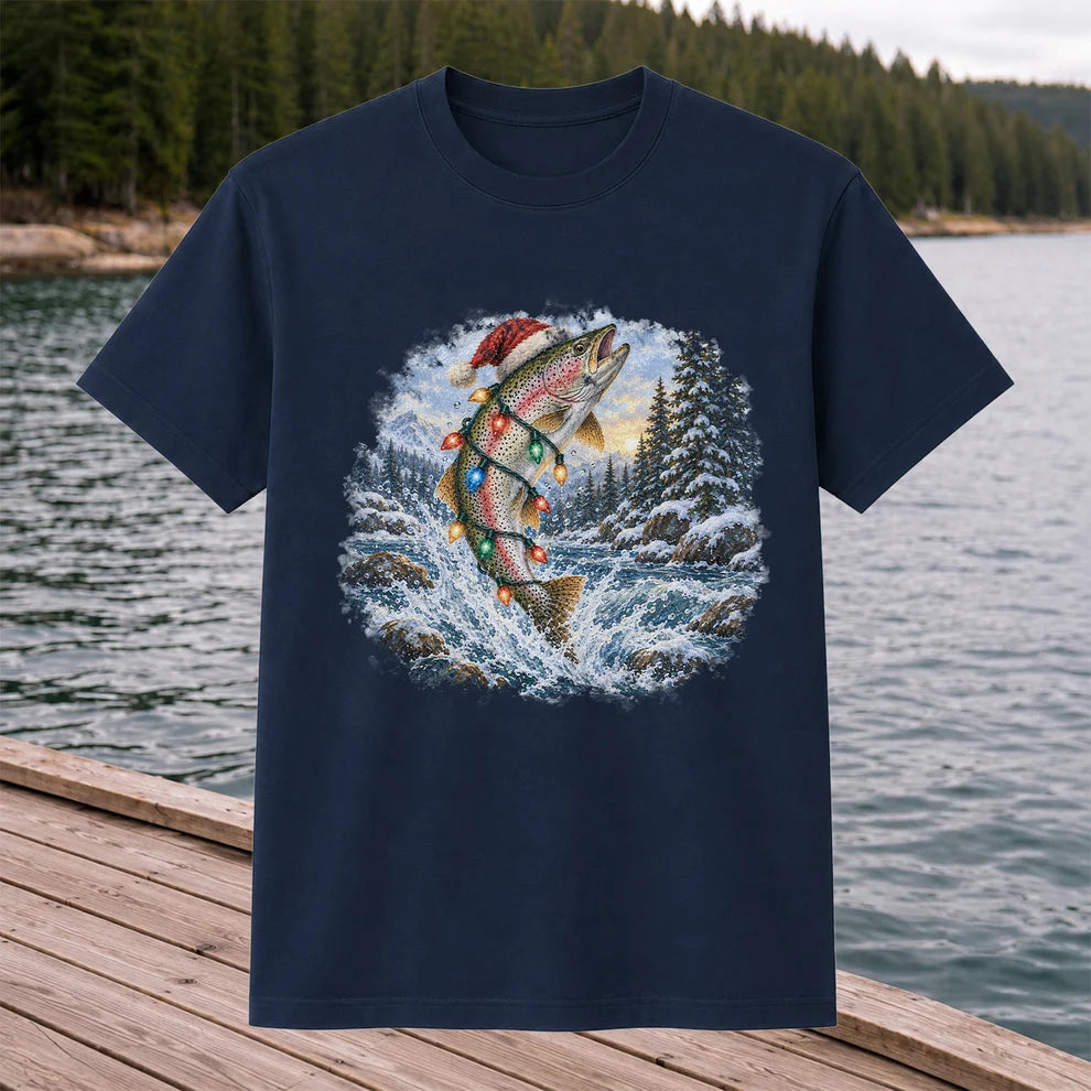 Santa Rainbow Trout with Christmas Lights Fishing T-Shirt