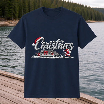 Christmas Santa Pulling Trout Fishing Sled Graphic T-Shirt