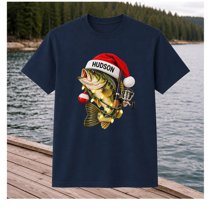 Hudson Santa Hat Bass Christmas Fishing Graphic T-Shirt