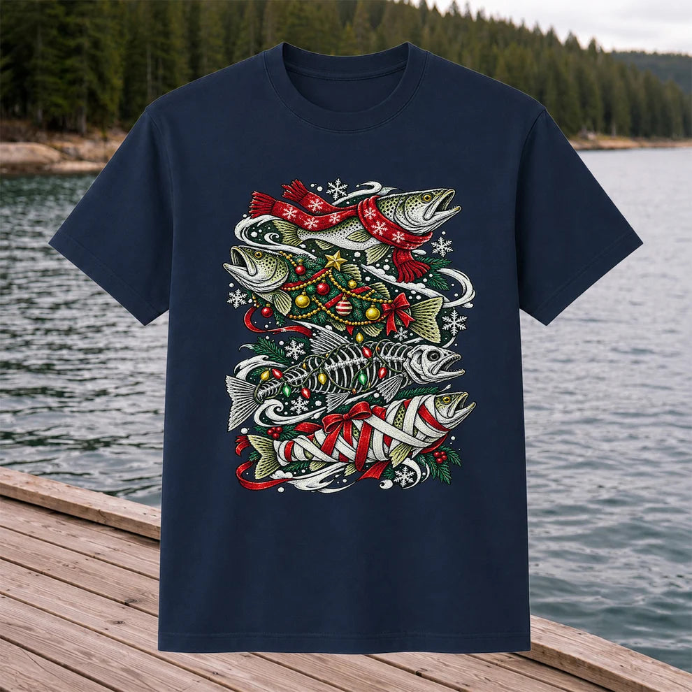Christmas Trout and Fish Skeleton Holiday Fishing T-Shirt