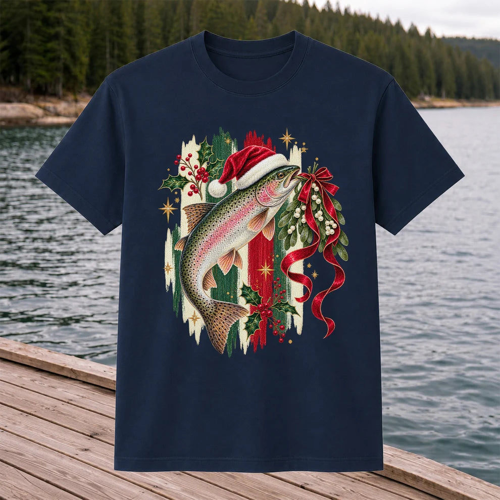Christmas Santa Hat Rainbow Trout Fishing Graphic T-Shirt