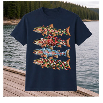 Christmas Rainbow Trout with Holiday Lights Fishing Graphic T-Shirt