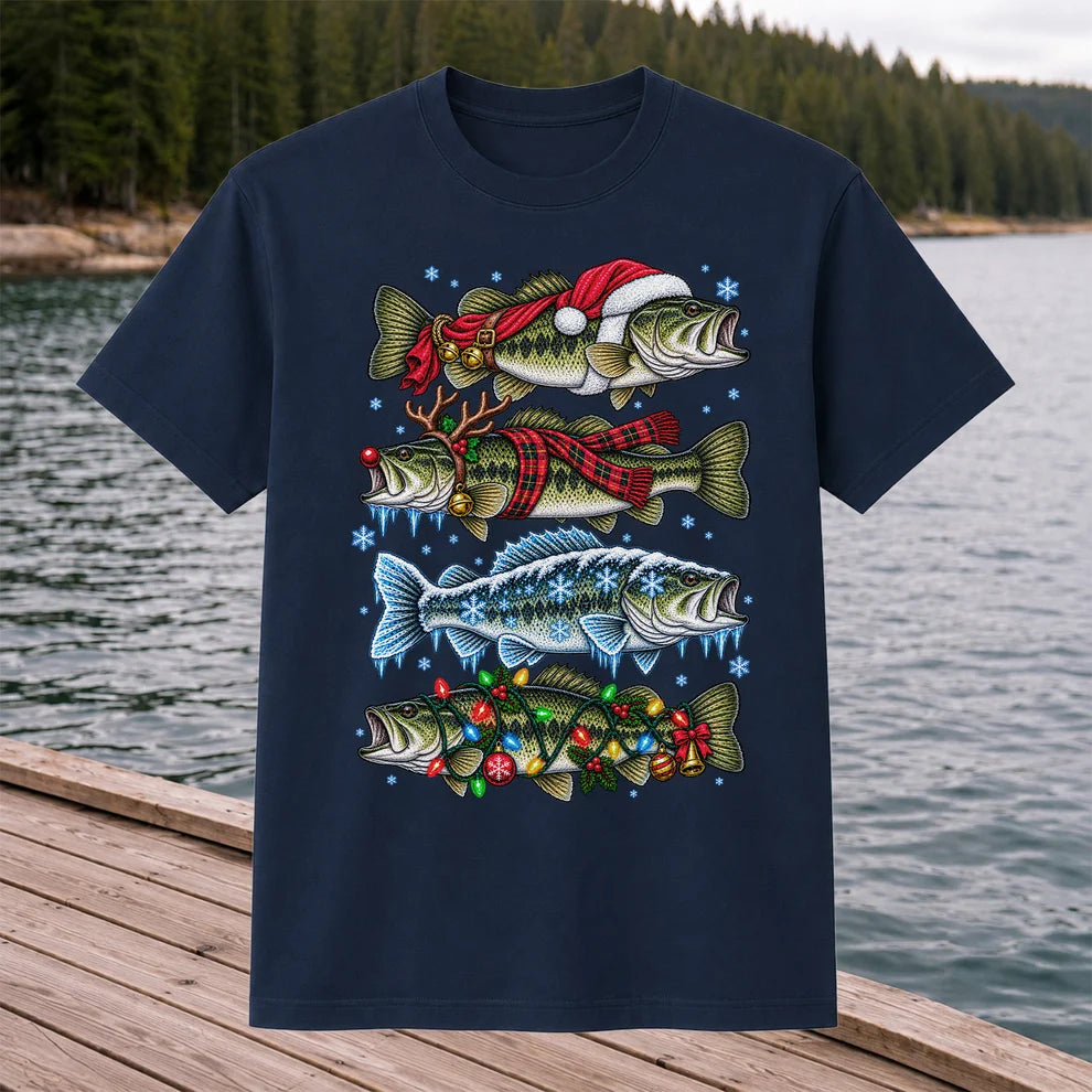 Christmas Bass with Santa Hat and Holiday Lights Fishing T-Shirt