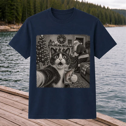 Christmas Cat Holding a Fish Mug Holiday Graphic T-Shirt