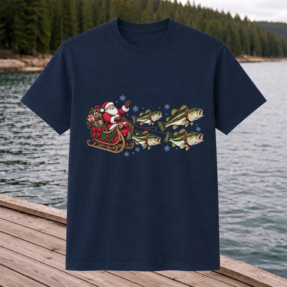 Santa in a Sleigh Pulled by Bass Christmas Fishing Graphic T-Shirt