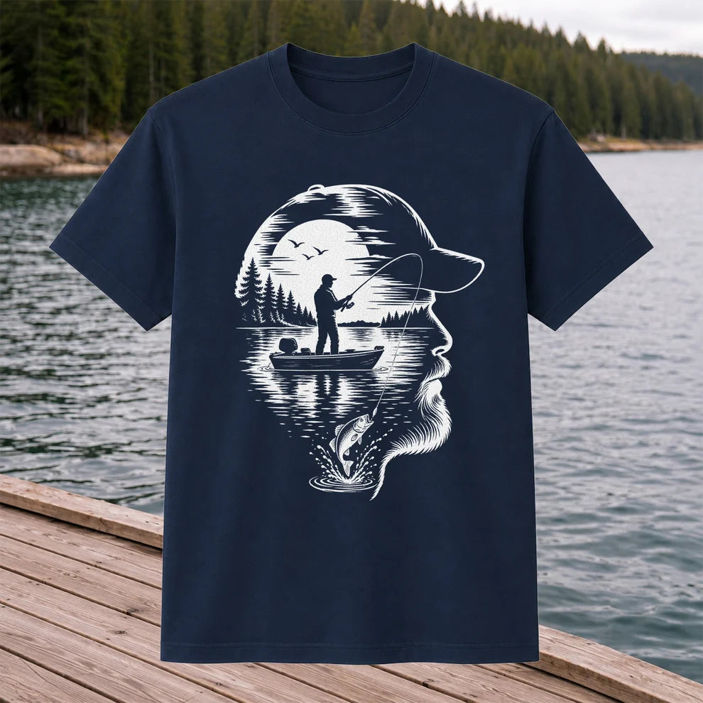 Bearded Angler Silhouette with Lake Fishing Scene Graphic T-Shirt