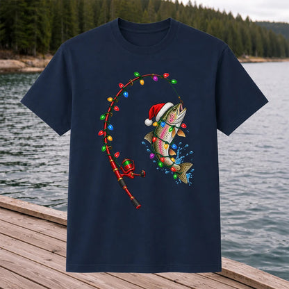 Christmas Rainbow Trout with Santa Hat and Lights Fishing T-Shirt