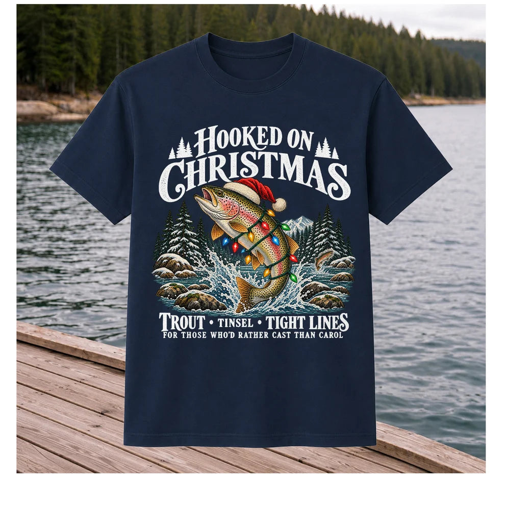 Hooked on Christmas Rainbow Trout Fishing Graphic T-Shirt