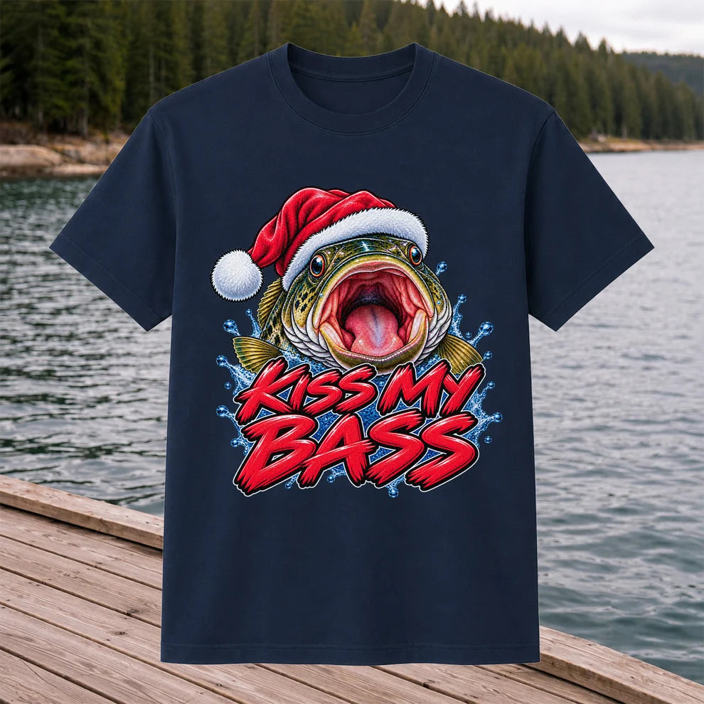 Kiss My Bass Santa Hat Funny Christmas Fishing T-Shirt