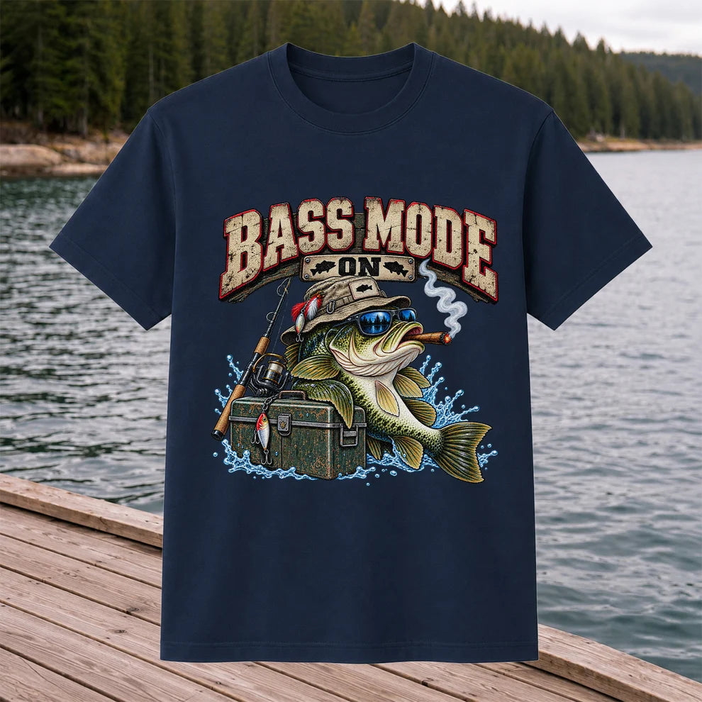 Bass Mode On Funny Bass with Cigar Fishing Graphic T-Shirt