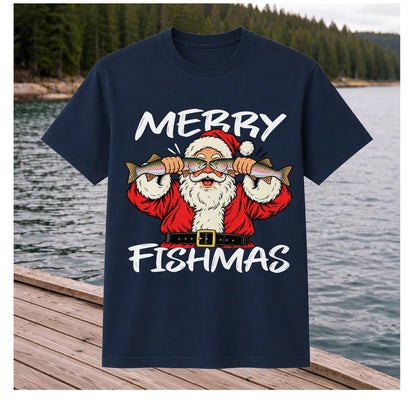 Merry Fishmas Santa Holding Rainbow Trout Christmas Fishing T-Shirt