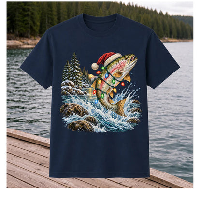 Santa Hat Rainbow Trout Christmas Fishing Graphic T-Shirt