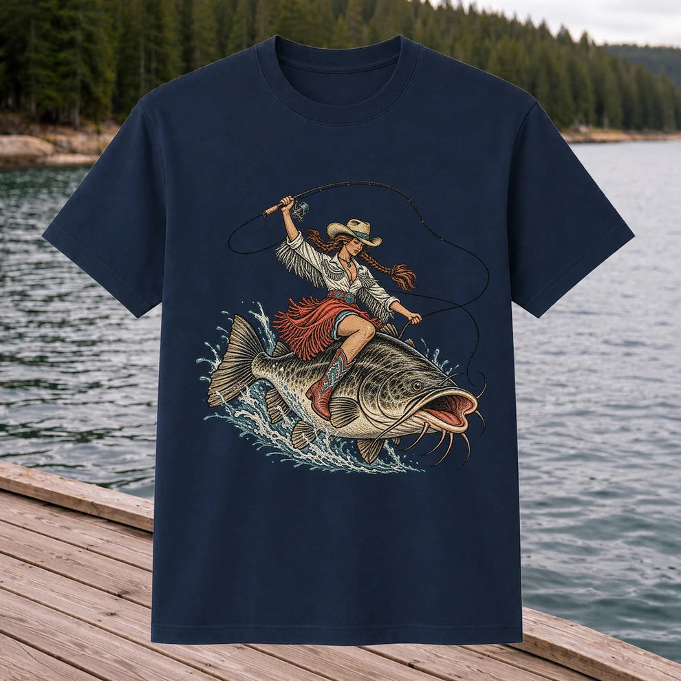 Cowgirl Riding a Largemouth Bass Fishing Graphic T-Shirt